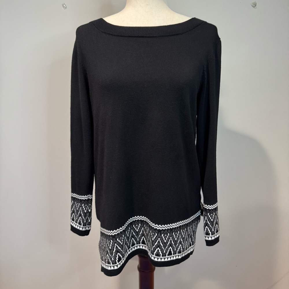 Christopher & Banks Black Knit Sweater Nordic Trim Classic Timeless Soft Cozy M